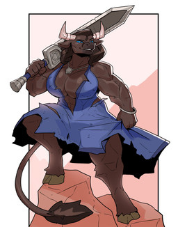 5_fingers anthro big_breasts blue_clothing blue_dress blue_eyes bracelet breasts brown_body brown_fur brown_hair cleavage clothed clothed_anthro clothed_female clothing cloven_hooves dress dress_only female fingers fur hair holding_melee_weapon holding_object holding_sword holding_weapon hooves horn horn_jewelry horn_ring jewelry melee_weapon muscular muscular_anthro muscular_female necklace ring_(jewelry) smile solo sword tail tail_tuft torn_clothing torn_dress tuft unguligrade weapon ceehaz european_mythology greek_mythology mythology nihea_avarta bovid bovine mammal minotaur 2021 absurd_res hi_res