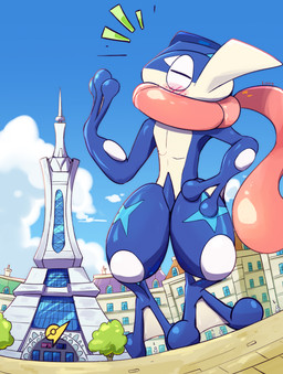 ambiguous_gender blue_body blue_skin blush blush_lines building city day emanata eyes_closed feet gesture group hand_on_leg hand_on_thigh lumiose_city macro membrane_(anatomy) outside plant prism_tower solo_focus standing text toes tree waving webbed_feet webbed_hands listrymistery nintendo pokemon generation_6_pokemon greninja human mammal pokemon_(species) 2024 absurd_res artist_name digital_drawing_(artwork) digital_media_(artwork) hi_res