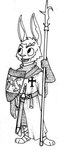 3_toes ankle_wraps anthro armor belt bill_(weapon) buckteeth carrot chainmail cheek_tuft clothing coat_of_arms cross crusader ears_up facial_scar facial_tuft feet food foot_wraps fur heater_shield holding_melee_weapon holding_object holding_polearm holding_weapon knight long_ears long_sleeves male medieval melee_weapon notched_ear open_mouth open_smile plant polearm scabbard scar sheathed_sword sheathed_weapon shield simple_background smile solo sword tabard teeth toes tuft vegetable warrior weapon white_background white_body white_fur wraps labjer rogier_d'lapin_(spiff) lagomorph leporid mammal rabbit 2016 black_and_white full-length_portrait monochrome portrait traditional_media_(artwork)