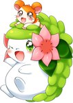 ambiguous_gender blush carrying_another chibi duo feral fur green_body green_eyes kemono male on_head orange_body orange_fur simple_background tan_body tan_fur white_background white_body aimia492 hamtaro_(series) nintendo pokemon hamtaro cricetid generation_4_pokemon hamster land_forme_shaymin legendary_pokemon mammal pokemon_(species) rodent shaymin absurd_res hi_res