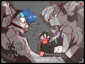 after_orgasm_torture angry anthro ball_gag beanie blue_hair blush bodily_fluids bound camera_view clothing cock_and_ball_torture cum cum_on_self dialogue duo female forced fur gag gagged genital_fluids genital_torture glans_blame glans_play glans_torture grey_body grey_fur hair hat headgear headwear kidnapping male male/female male_squirting overstimulation palming penile penile_squirting penis_torture polishing purple_eyes sex submissive submissive_male text yellow_eyes zoul_illustration loco_(zoul_illustration) zoul english_text