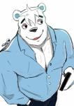 anthro belly clothing fur humanoid_hands male shirt simple_background slightly_chubby solo topwear white_background white_body white_fur zupat aggretsuko sanrio shirota_(aggretsuko) bear mammal polar_bear ursine 2019 absurd_res hi_res