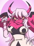 armwear breasts cleavage clothed clothing elbow_gloves female gloves hair handwear horn pink_body pink_eyes pupils slit_pupils solo white_hair wings yellow_sclera thelordoflemonz helluva_boss verosika_mayday demon humanoid imp 3:4 hi_res