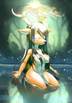 absurd_res anthro breasts convenient_censorship deer eyes_closed female flower gashiboka hair hair_covering_breasts hi_res mammal nude plant solo water