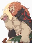absurd_res brown_body felid hair hi_res l0sskim lion lyon_(maplestory) male mammal maplestory meowing muscular muscular_male pantherine pawpads red_hair simple_background smile solo teeth_showing tribe unavailable_at_source