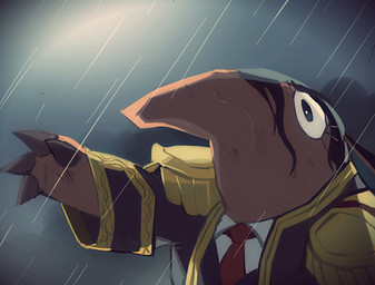 4_fingers anthro biped black_eyes black_hair brown_body claws clothed clothing cloud dirty ears_back epaulet eyelashes fingers front_view grey_claws hair light male necktie pivoted_ears raining raised_arm sad shadow sky snout solo wet hakkasm animal_crossing nintendo olaf_(animal_crossing) anteater mammal pilosan xenarthran 2015 bust_portrait dark_theme digital_drawing_(artwork) digital_media_(artwork) lighting portrait