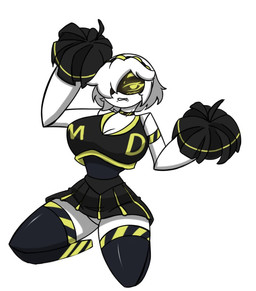 angry anthro big_breasts blush breasts cheerleader cheerleader_outfit female looking_at_viewer machine pose solo solo_focus solo_in_panel thick_thighs pace-maker glitch_productions murder_drones v_(murder_drones) robot robot_anthro pinup