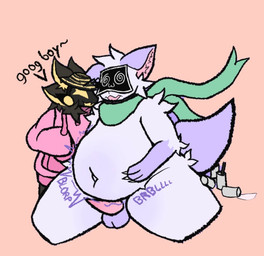 4_ears anthro balls belly belly_blush big_belly black_body black_fur blush body_blush clothing duo erection expansion female fur genitals gloves_(marking) good_boy green_kerchief green_neckerchief grey_body grey_fur hand_on_belly hand_on_own_belly hoodie inner_ear_fluff kerchief kerchief_only kneeling looking_at_another machine male male/female markings mostly_nude multi_ear navel neck_tuft neckerchief neckerchief_only neckwear open_mouth orange_background overweight overweight_anthro overweight_male penis pink_clothing pink_hoodie pink_inner_ear_fluff pink_mouth pink_topwear protogen_visor purple_body purple_ears purple_fur purple_tail rumbling_stomach simple_background stuffing tail talking_to_another tapering_penis text topwear tuft yellow_eyes yellow_inner_ear sulphiex3 lagomorph leporid mammal protogen rabbit digital_drawing_(artwork) digital_media_(artwork) english_description english_text