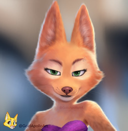 clothing dress female green_eyes logo looking_at_viewer solo goldapolloart dreamworks the_bad_guys diane_foxington canid canine fox mammal artist_logo