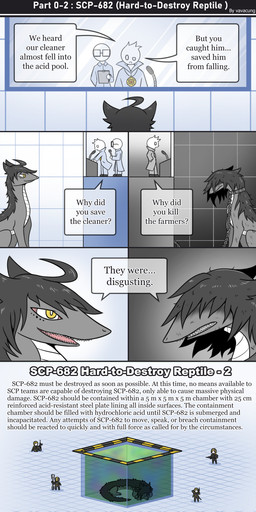 ambiguous_gender black_hair clothed clothing detailed_background dialogue electronics feral grey_body group gun hair inside laboratory larger_feral microphone ranged_weapon rifle sharp_teeth size_difference smaller_human speech_bubble teeth text weapon vavacung scp_foundation scp-682 human lizard mammal monster reptile scalie absurd_res comic digital_media_(artwork) english_text hi_res letterbox