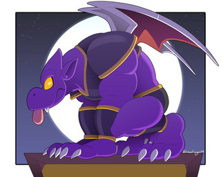 anklet anthro armor blep bracelet crouching glowing humanoid_pointy_ears jewelry looking_at_viewer male membrane_(anatomy) membranous_wings pointy_ears purple_body solo tongue tongue_out wings hikazedragon capcom demon's_crest gargoyle's_quest ghosts_'n_goblins demitron_(rexo_sauros) demon gargoyle red_arremer 5:4 digital_media_(artwork) hi_res