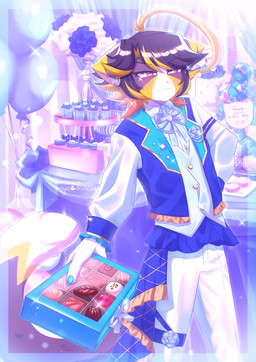 ahoge anthro biped black_body black_fur black_hair blonde_highlights blue_clothing blue_jacket blue_topwear blush blush_lines bottomwear candy chibi claws clothed clothing dessert dipstick_tail eyewear food fur hair hand_on_hip hand_on_own_hip highlights_(coloring) holding_candy holding_food holding_object inner_ear_fluff inside jacket looking_away male markings open_mouth pants pink_nose shirt solo standing tail tail_markings teeth tongue topwear tuft white_body white_bottomwear white_clothing white_fur white_markings white_pants white_shirt white_topwear sunnynoga white_day domestic_cat felid feline felis mammal scottish_fold 2026 hi_res