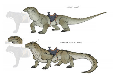 2_horns 3_toes ambiguous_feral ambiguous_gender backpack bent_legs black_claws black_sclera claws duo empty_eyes feet feral green_scutes green_spines green_tail grey_body grey_horn grey_scales grey_tail horn long_tail mount mouth_closed multicolored_body multicolored_scales multicolored_tail multiple_poses paws pose quadruped reins saddle scales scuted_tail scutes sharp_teeth standing tail teeth text toes white_backpack cristina_lavina_ferez highguard_(game) felid feline lizard mammal reptile scalie 2026 absurd_res concept_art digital_drawing_(artwork) digital_media_(artwork) english_description english_text flat_colors hi_res official_art