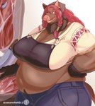 anthro belly big_breasts breasts brown_body brown_fur cleavage cleaver_(knife) clothed clothing curvy_figure cutlery ear_piercing ear_ring ears_up female food fur glistening glistening_body gloves hair handwear huge_breasts kitchen_knife kitchen_utensils knife long_hair looking_at_viewer meat midriff navel open_mouth overweight overweight_female piercing pubes red_hair ring_piercing simple_background smile solo standing tools voluptuous white_background sasanoha6011 mammal suid suine sus_(pig) wild_boar absurd_res artist_name hi_res