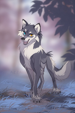 ambiguous_gender black_claws blue_eyes blurred_background cheek_tuft claws eyebrows facial_tuft fangs feral fur grass grey_body grey_fur heterochromia looking_at_viewer open_mouth open_smile orange_eyes outside plant smile snout solo standing tail tan_body tan_eyebrows tan_fur teeth tuft azzai canid canine canis mammal wolf 2024 2:3 colored digital_drawing_(artwork) digital_media_(artwork) shaded