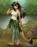 4_toes anthro axe barefoot black_hair clothing clothing_around_waist feet female hair long_hair melee_weapon nature plaid plantigrade shirt shirt_around_waist solo tank_top toes topwear vehicle wagon water weapon abluedeer 4:5 digital_media_(artwork) hi_res shaded