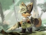 ambiguous_gender anthro armor belt bottomwear chest_tuft clothing footwear hair holding_melee_weapon holding_object holding_shield holding_weapon melee_weapon outside pants plant shield shoes solo standing tree tuft weapon white_hair koki canid canine fox mammal 2017 hi_res