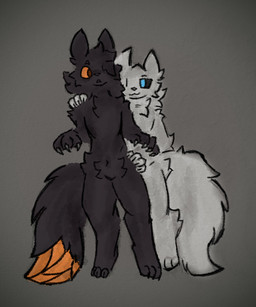 anthro black_body black_fur black_sclera blue_eyes claws duo fluffy fluffy_chest fluffy_tail fur hand_on_hip horn male navel orange_sclera paws simple_background smug smug_face surprised tail white_body white_fur darthnear casualties:_unknown gunsaw expie_(gunsawian) gunsawian milky_(gunsawian) absurd_res hi_res shaded simple_shading