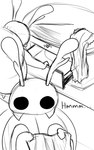 antennae_(anatomy) black_eyes black_text clothing ellipsis holding_clothing holding_object inside motion_lines solo text skeletorskeletonized hollow_knight team_cherry bretta_(hollow_knight) arthropod beetle insect 2020 5:8 digital_media_(artwork) english_text hi_res monochrome female_(lore)