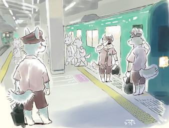 anthro blue_body blue_fur blush bottomwear clothing detailed_background eyes_closed fur group hat headgear headwear necktie public_transportation rail_transit shirt shorts topwear train train_station uniform vehicle ratuta_(artist) canid canine canis mammal wolf 2019