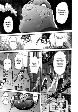 artificial_intelligence bodysuit circuitry clothed clothing explosion female group hair machine male not_furry skinsuit technology text tight_clothing kyoumoto_takayuki android computer_virus_(species) digital_creature human mammal robot comic english_text greyscale hi_res monochrome