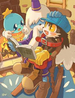 anthro armchair black_body black_fur blue_baseball_cap book bottomwear chair clothing collar fireplace fur furniture gloves group handwear inside kemono looking_at_another male reading reading_book red_bottomwear red_clothing red_collar red_shorts shorts sitting sitting_on_another trio yellow_clothing yellow_eyes yellow_gloves yellow_handwear young young_anthro young_male amber_graygamma bandai_namco klonoa_(series) grandpa_(klonoa) huepow klonoa 2024