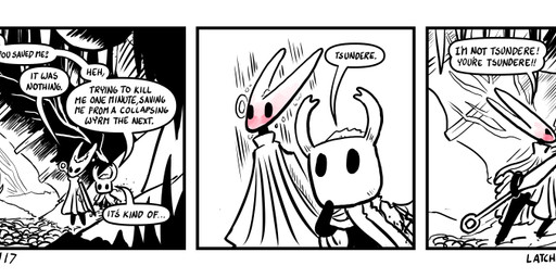 2_horns 3_panel_comic ambiguous_gender biped black_body black_eyes black_text blush cloak clothing dialogue duo ellipsis embarrassed exclamation_point holding_melee_weapon holding_object holding_weapon horn looking_at_another melee_weapon motion_lines outside speech_bubble standing talking_to_another text tsundere weapon p5ych hollow_knight_(franchise) team_cherry hornet_(hollow_knight) the_knight_(hollow_knight) arthropod vessel_(species) black_and_white comic english_text monochrome url female_(lore) half_sister_(lore) nonbinary_(lore) sibling_(lore) sister_(lore)