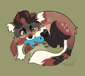 brown_body brown_fur female feral fur green_eyes hooves kick red_body red_fur teeth toy noodlethings royce aquatic faun fish hi_res