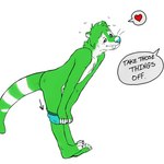 anthro barefoot black_eyes blue_eyes blush bodily_fluids clothing command fangs feet flying_sweatdrops fur green_body green_fur heart_symbol leaning leaning_forward male nude simple_background solo standing sweat sweatdrop teeth undressing white_background white_body white_fur p_rindustries mammal mustelid musteline true_musteline weasel