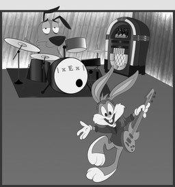anthro bass_drum cymbals drum drum_set drumming_stick duo electric_guitar electronics guitar hi-hat jukebox male musical_instrument percussion_instrument percussion_mallet plucked_string_instrument snare_drum string_instrument tom_drum unknown_artist cartoon_network courage_the_cowardly_dog tiny_toon_adventures warner_brothers buster_bunny courage_the_cowardly_dog_(character) beagle canid canine canis domestic_dog hunting_dog lagomorph leporid mammal rabbit scent_hound toy_dog black_and_white crossover hi_res monochrome