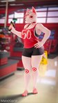 4_toes 5_fingers anthro athletic bottomwear bra breasts clothed clothing collar colored_nails crossgender feet female fingers fur hair hand_on_hip highlights_(coloring) mascot nails red_eyes shirt shorts solo standing tail tank_top thick_thighs toes topwear underwear white_body white_fur white_hair maxkore target_corporation bullseye_(target) bull_terrier canid canine canis domestic_dog hunting_dog mammal terrier 2024 3d_(artwork) digital_media_(artwork) hi_res signature