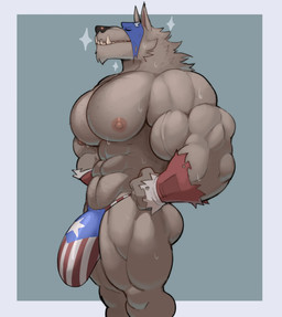 abs anthro biceps big_muscles big_pecs big_penis blue_mask bodily_fluids border bulge clothed clothing deltoids eyes_closed fangs fur genitals grey_body grey_fur male muscular muscular_anthro muscular_male nipples pecs penis solo sparkles speedo sweat swimwear teeth torn_clothing triceps white_border fleshformomo marvel mythology captain_america capwolf canid canine mammal mythological_canine mythological_creature werecanid werecanine werecreature werewolf 2026 digital_media_(artwork) hi_res