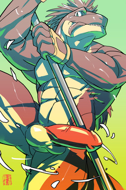 abs anthro balls bodily_fluids butt cum dancing erection genital_fluids genitals green_background humanoid_genitalia humanoid_penis looking_at_viewer male muscular muscular_anthro muscular_male nude orgasm pecs penis pole pole_dancing simple_background solo stripper teasing miharushoka lizard reptile scalie 2:3 absurd_res hi_res