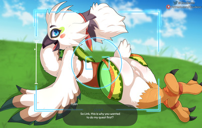 anthro avian_feet balls blue_eyes blush blush_lines butt camera_view clothed clothing feather_hair feather_hands feathers genitals looking_at_viewer lying male on_front perineum pseudo_hair shota smile solo text white_balls white_perineum young young_anthro cloudeon nintendo tears_of_the_kingdom the_legend_of_zelda tulin_(tloz) avian rito absurd_res english_text hi_res