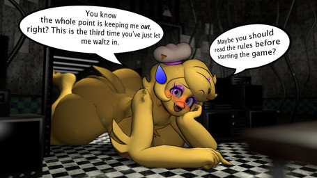 anthro beak blush bodily_fluids breast_squish breasts butt dialogue eyebrows female lying macro on_front open_beak open_mouth purple_eyes raised_eyebrow solo squish sweat sweatdrop yellow_body animorph_maniac five_nights_at_freddy's five_nights_at_freddy's_2 scottgames chica_(fnaf) chiku_(cryptiacurves) avian bird chicken galliform phasianid 3d_(artwork) digital_media_(artwork) hi_res source_filmmaker_(artwork)