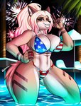 american_flag_bikini anthro big_breasts bikini breasts clothing female fireworks flag_bikini gesture hand_gesture lips one_eye_closed partially_submerged poolside smile solo swimwear thick_bottom_lip two-piece_swimsuit v_sign wink artofthediscipline kithara canid canine fox mammal absurd_res hi_res