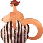 5_fingers anthro areola big_breasts big_butt breasts brown_hair butt clothed clothing female fingers hair hand_on_butt hand_on_own_butt huge_breasts huge_butt kerchief looking_back multicolored_body nipples non-mammal_breasts non-mammal_nipples orange_body solo standing tail tan_body thick_thighs topless two_tone_body white_body nocturne_(artist) forbidden_pants meme_clothing dinosaur prehistoric_species reptile scalie hi_res meme