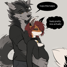 anthro belly big_belly brown_hair clothed clothed_anthro clothed_female clothed_male clothing collar dialogue dipstick_tail duo fangs female fluffy fluffy_tail fully_clothed fully_clothed_anthro fully_clothed_female fully_clothed_male fur grey_body grey_fur hair holding_belly larger_male male male/female markings pregnant pregnant_anthro pregnant_female romantic romantic_couple shirt size_difference smaller_female tail tail_markings teeth text topwear shutupjen jen_(shutupjen) canid canine canis fox mammal wolf 1:1 english_text hi_res