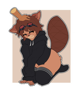anthro beaver_tail black_clothing black_hoodie black_legwear black_thigh_highs black_topwear bottomless brown_body brown_fur brown_hair clothed clothing eyes_closed eyewear femboy fur goggles hair headpat hoodie kneeling legwear male petting_hair red_eyewear red_goggles smile solo thigh_highs topwear luckesha cotton_(cottonthebeaver) beaver mammal rodent absurd_res hi_res