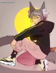 black_clothing black_hoodie black_topwear bottomwear clothed clothing footwear grey_hair hair hoodie inner_ear_fluff male one_eye_closed pants shoes socks solo topwear tuft matemi patreon yellow_(shiro-neko) humanoid hi_res