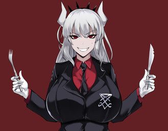 2_horns 5_fingers accessory arms_bent big_breasts biped black_business_suit black_clothing black_eyebrows black_necktie black_suit breasts business_suit clothed clothed_female clothed_humanoid clothing collared_shirt cutlery dress_shirt eyebrow_through_hair eyebrows eyelashes female female_humanoid fingers fork front_view gloves grin grinning_at_viewer hair handwear headband holding_fork holding_knife holding_object horn huge_breasts humanoid_hands kitchen_knife kitchen_utensils knife long_hair looking_at_viewer mole_under_eye narrowed_eyes necktie not_furry occult_symbol red_background red_clothing red_dress_shirt red_eyes red_shirt red_topwear shirt sigil sigil_of_lucifer simple_background smile smiling_at_viewer solo suit symbol teeth tools topwear translucent translucent_hair white_clothing white_gloves white_hair white_handwear white_horn white_sclera owner_(artist) helltaker lucifer_(helltaker) demon demon_humanoid humanoid 2022 absurd_res digital_media_(artwork) english_description half-length_portrait hi_res portrait