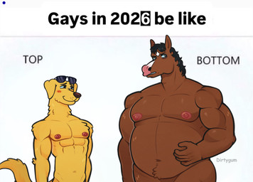 5_fingers angry anthro belly biceps black_hair blush blush_lines brown_body duo ears_up eyewear fingers fur hair male male/male musclegut muscular nipples nude pecs pink_nose size_difference smile sunglasses tail text yellow_body dirtygum bojack_horseman gays_in_2025_be_like netflix bojack_horseman_(character) mr._peanutbutter bird_dog canid canine canis domestic_dog equid equine horse hunting_dog labrador mammal retriever english_text hi_res meme