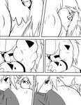 abs anthro bandai_namco big_breasts biped blush breast_squish breasts claws comic digimon digimon_(species) duo ear_markings facial_markings female growth guilmon hair head_markings long_ears markings monochrome muscle_growth muscular muscular_female nipples ryuakira scalie shocked simple_background squish symbol terriermon white_background