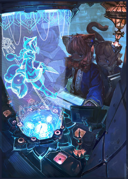 ambiguous_gender anthro biped brown_body brown_fur computer electronics flower_motif fur group hair hologram inner_ear_fluff kemono lamp looking_down open_mouth smile trio tuft dentyou canid canine fox mammal 2013 digital_media_(artwork) digital_painting_(artwork) hi_res painting_(artwork)