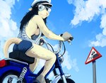 anthro armpit_hair black_hair body_hair bottomwear breasts clothed clothing eyewear female fur hair hat headgear headwear hotpants moped motor_scooter motor_vehicle motorcycle no_bra road_sign shorts side_boob sign sky skyscape solo sunglasses vehicle white_body white_fur hladilnik marylin_(hladilnik) american_opossum mammal marsupial virginia_opossum 2023 colored hi_res