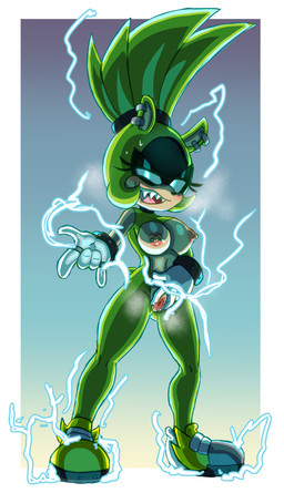 anthro areola barbell_piercing bodily_fluids breasts clitoral_hood clitoris clothing ear_piercing ear_ring electricity eyelashes female footwear fur genital_fluids genitals glistening_eyelids green_body hair long_eyelashes looking_at_viewer nipple_dip nipple_piercing nipples nude open_mouth piercing ring_piercing sharp_teeth shoes simple_background smile solo spread_vulva spreading standing tail teeth vulva demichan idw_publishing sega sonic_the_hedgehog_(comics) sonic_the_hedgehog_(idw) sonic_the_hedgehog_(series) surge_the_tenrec afrosoricid mammal tenrec absurd_res digital_media_(artwork) hi_res
