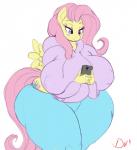 anthro big_breasts bottomwear breasts cellphone clothed clothing curvy_figure electronics female hoodie huge_breasts leggings legwear nipple_outline overweight overweight_anthro overweight_female pants phone smartphone solo thick_thighs topwear wide_hips wings thelunarmoon friendship_is_magic hasbro my_little_pony mythology fluttershy_(mlp) equid equine mammal mythological_creature mythological_equine pegasus hi_res