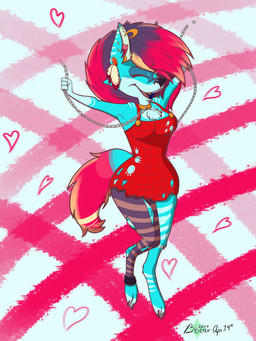 alternative_fashion anthro biped blonde_hair blue_body blue_fur bound breaking_restraints breasts bright_colors chain chained cheering chest_tuft claws clothed clothing collar colored_claws colored_nails dress ear_piercing ear_ring eyes_closed feathers female fluffy fluffy_tail fur gem gold_(metal) gold_jewelry gold_tooth hair happy heart_(marking) holding_object jewelry jumping leggings legwear markings multicolored_hair nails overall_dress paws piercing pink_claws pink_hair purple_hair red_clothing red_dress restraints ring_piercing ruby_(gem) scene_(fashion) scene_haircut simple_background smile solo spots spotted_markings stud_piercing tail thick_thighs topwear torn_clothing torn_dress torn_leggings torn_legwear torn_topwear tuft bbear mythology zoophobia jayjay_(zoophobia) canid canine mammal mythological_canine mythological_creature werecanid werecanine werecreature werewolf 2026 3:4 absurd_res dated digital_media_(artwork) hi_res signature