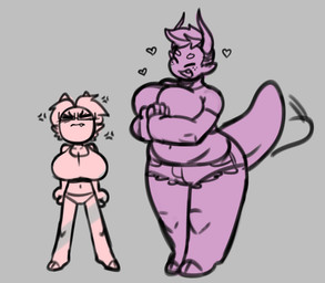 big_breasts biped bottomwear breasts chibi clothed clothing denim denim_bottomwear denim_clothing denim_shorts duo eyes_closed female grey_background hair heart_symbol horn huge_breasts midriff narrow_hips not_furry open_mouth panties shorts simple_background slightly_chubby standing tail thick_tail thick_thighs thigh_gap thin_calves thin_legs thin_thighs top_heavy underwear wide_hips angstrom felicity_(angstrom) summer_(angstrom) demon humanoid 2019 digital_media_(artwork)