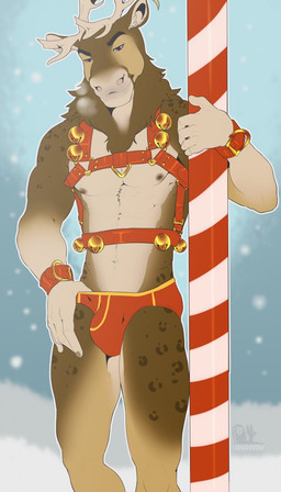 anthro antlers bell bell_harness biped briefs bulge clothing cuff_(restraint) hand_in_underwear harness holidays horn jingle_bell jingle_bell_harness looking_at_viewer male muscular muscular_anthro muscular_male pecs pole red_clothing red_underwear restraints snow solo standing underwear wrist_cuffs bambii_dog christmas deer mammal new_world_deer reindeer hi_res signature